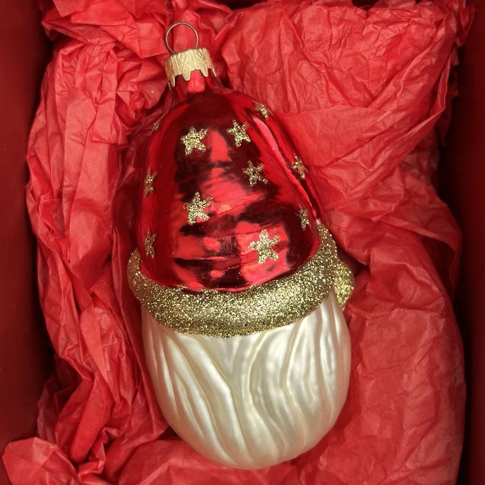Santa Head Ornament Glass Stars On Hat Beard 2001 Vtg Christmas Decor Y2K Red